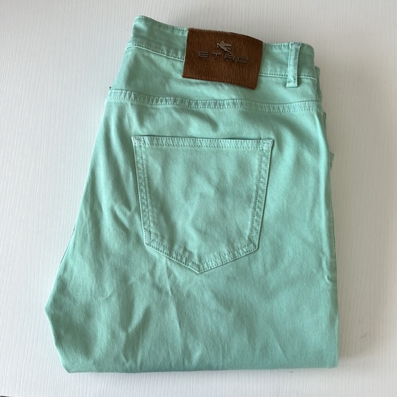 Etro Ponyhair Tag Cotton Mint Branded Leather Straight Leg Denim Jeans - Picture 5 of 15
